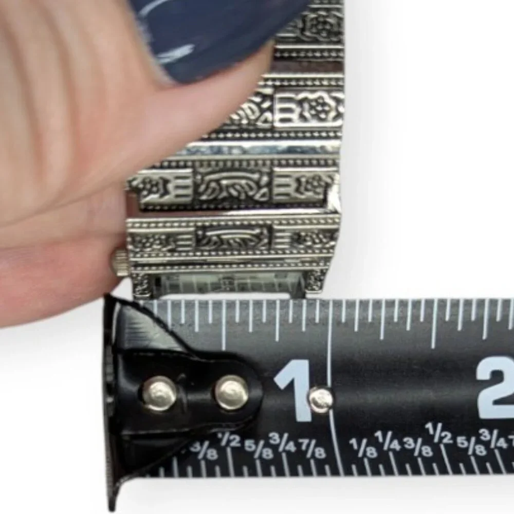 Adrina 3112 Quartz Movement Intricate Silver Tone Cuff Watch w/ Rectangular Face